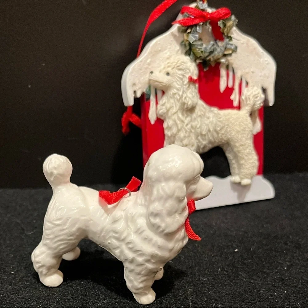 Vintage Holiday Poodle Ornament Set - Red and White